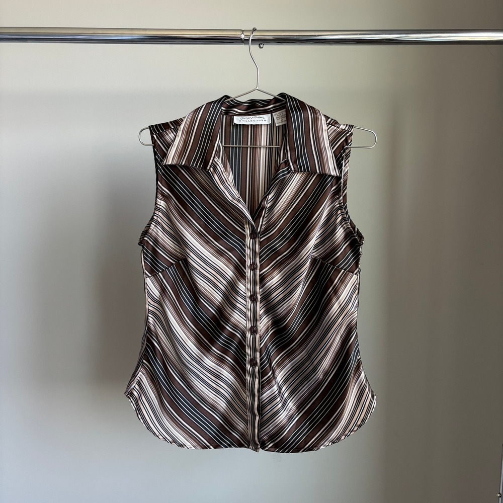 90s Vintage Giorgio Fiorlini Satin Top M Brown Striped Sleeveless Mod Revival